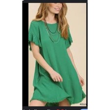 Umgee Dress Linen Blend SZ 1XL Kelly Green Pockets fringe Hem Hi Low summer