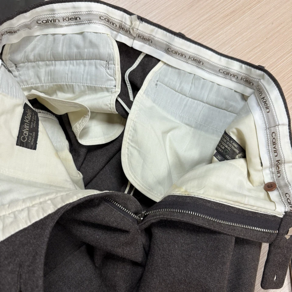 Vintage Calvin Klein Wool Pleated Pants 36x32 Made in Hong Kong Brown Trousers - Image 4 of 4