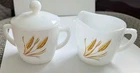 Vintage Set Fire King Milk Glass Golden Wheat Sugar Bowl & Creamer