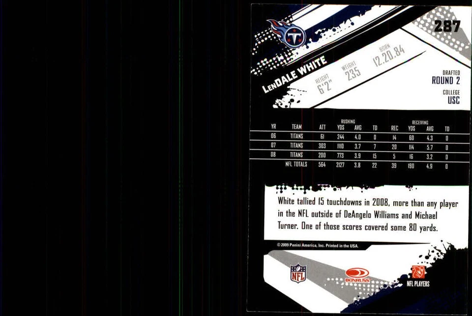 2009 Score Glossy #287 LenDale White - FB - Image 2 of 2