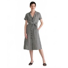 Quince 100% Linen Black and White Gingham Button-Front Midi Dress Cottagecore
