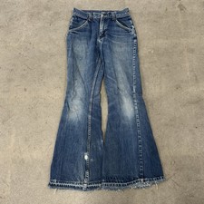 VTG 70s Put On Denim Flare Bell Bottom Grunge Jeans sz 26x31 Hippy Distressed