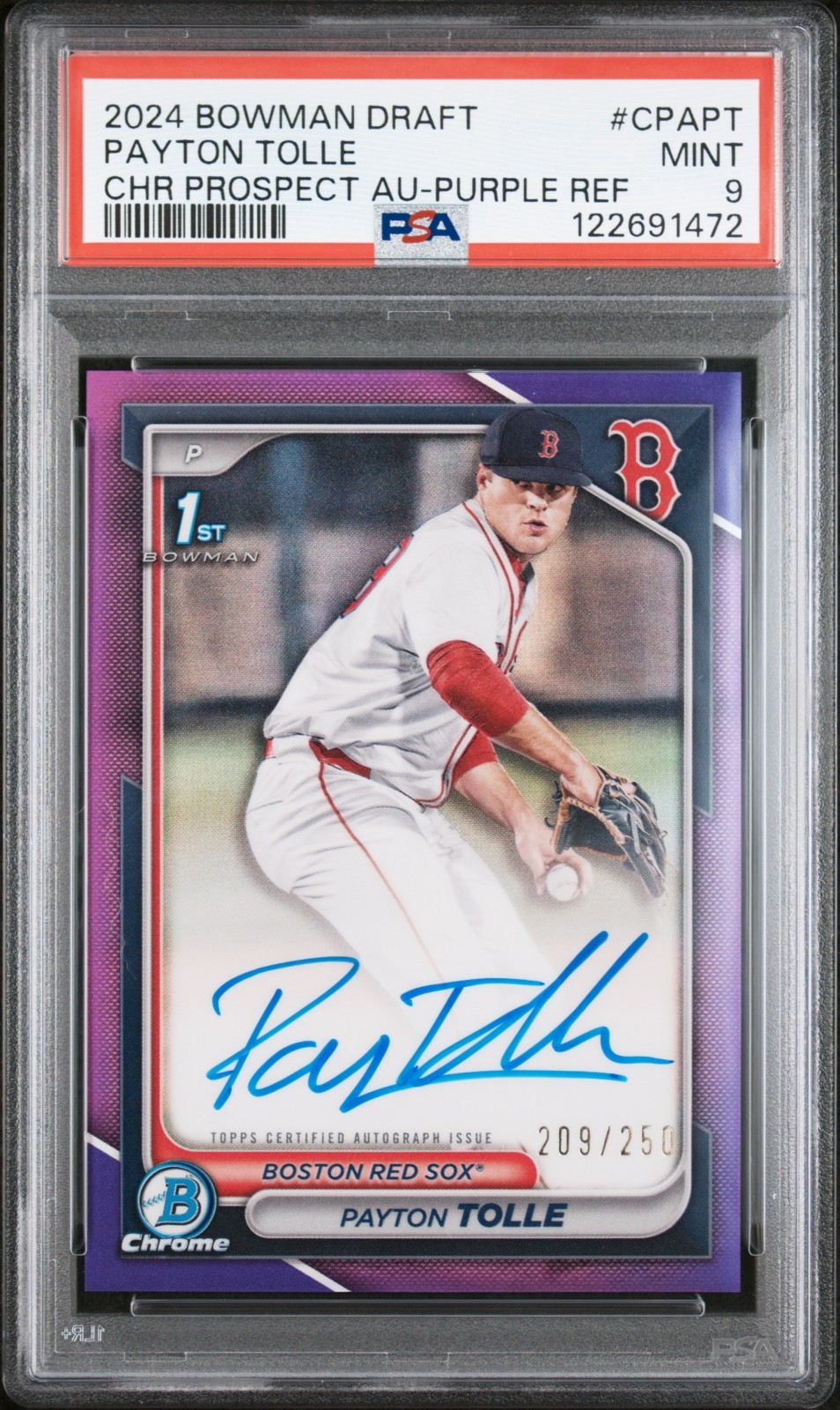 Payton Tolle 2024 Bowman Chrome Draft Purple 1st Auto /250 PSA 9