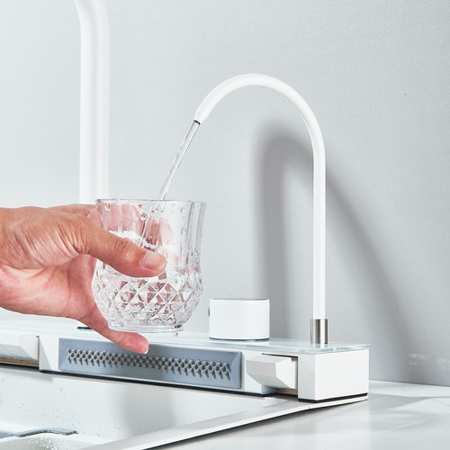 Küchenspüle Wasserfallspüle Weiß versenkbarem Wasserhahn Edelstahl SpülbeckenSet - Bild 13 von 21