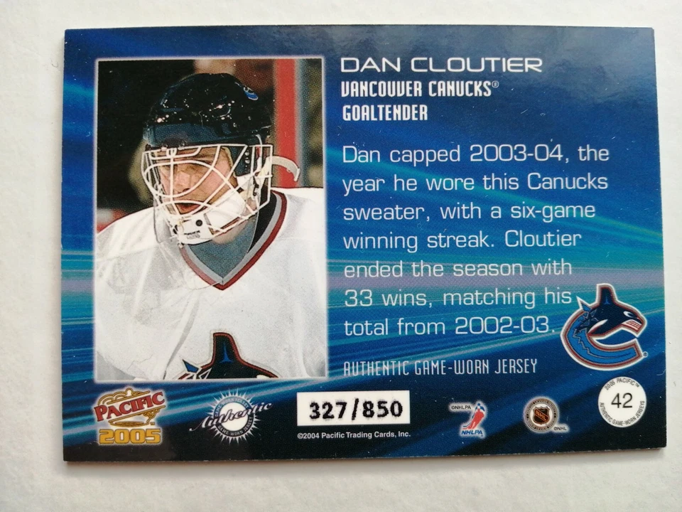 2004-05 Pacific Jerseys #42 Dan Cloutier (CANUCKS) Jersey 327/850 - Image 2 of 2