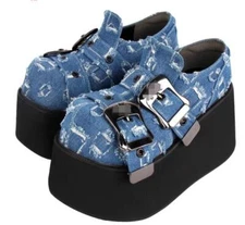 Womens Fashion Punk Gothic Buckle Strap Ripped Hole Patch Denim Boots Creeper