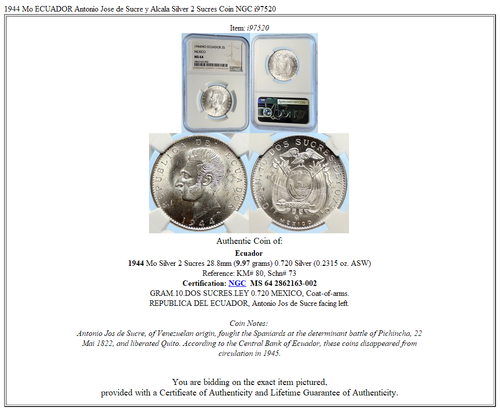 1944 Mo ECUADOR Antonio Jose de Sucre y Alcala Silver 2 Sucres Coin NGC i97520 - Picture 5 of 5