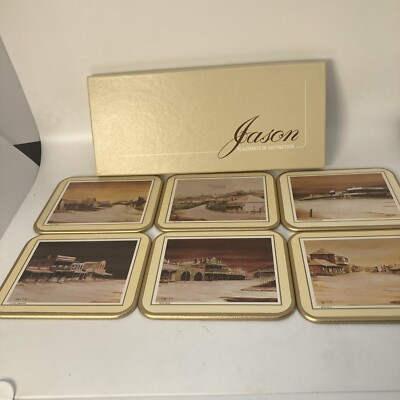 Vintage Set of 6 Cork Coasters. 4.5x3.75  Gold Mining Towns, By Jason, MCM, 1970