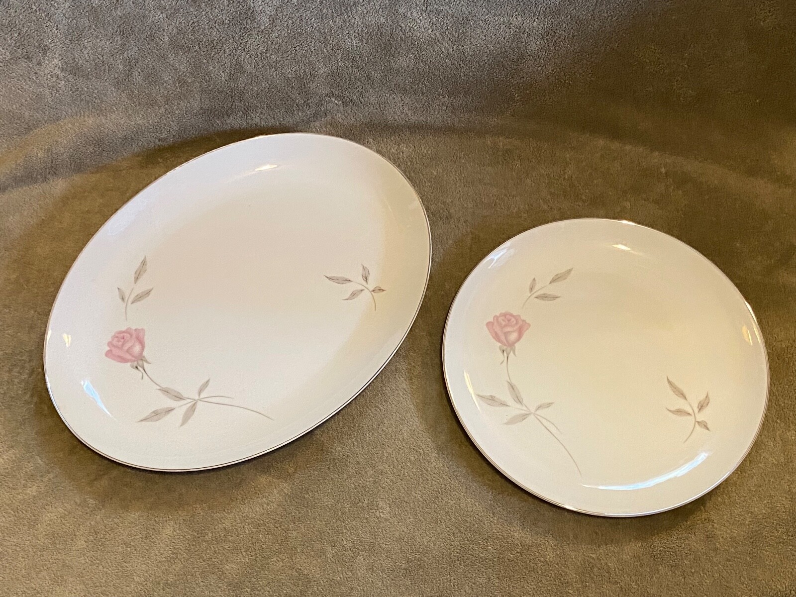 2 pcs Mikasa Fine China *PRIMROSE* Platter & Chop Plate - Pink Rose Gray Leaves