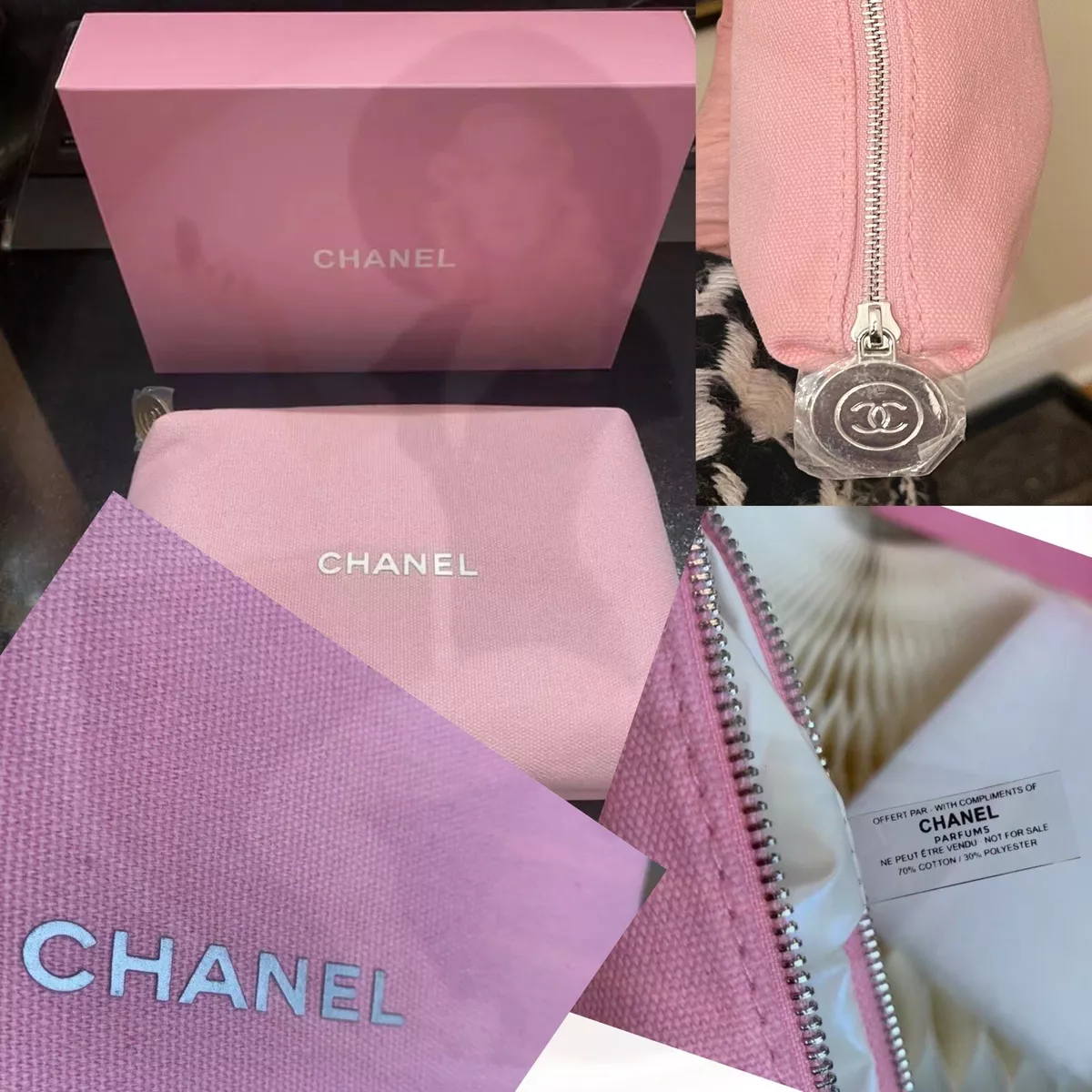 New w/Box CHANEL BUNDLE: Pink Canvas Cosmetic Pouch / Make-Up Bag +  Eyeshadow