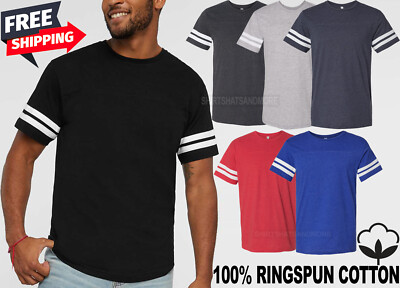 Mens 100% Soft Ringspun Cotton Football T-Shirt Contrast Sleeve Stripes S-2X NEW