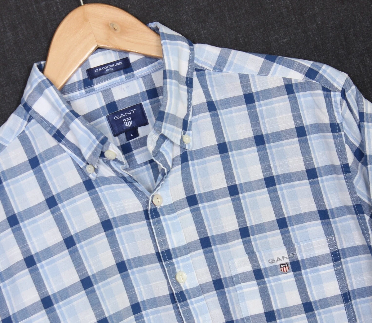 GANT 12-M COTTON LINEN Fitted Check Plaid Casual Shirt Long Sleeve Men Size L