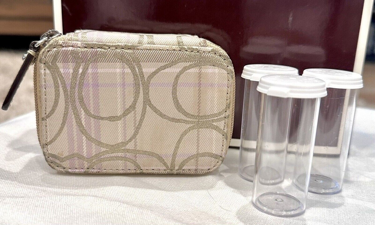 Coach Tartan Purple Gold Plaid Pill Box Travel Case w/3 Clear