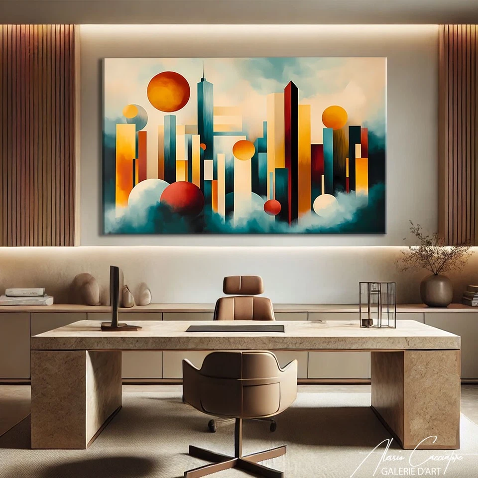 Decoración de oficina abstracta moderna de mediados de siglo del horizonte de la ciudad para hombre de mediados de siglo Foto 4 de 4