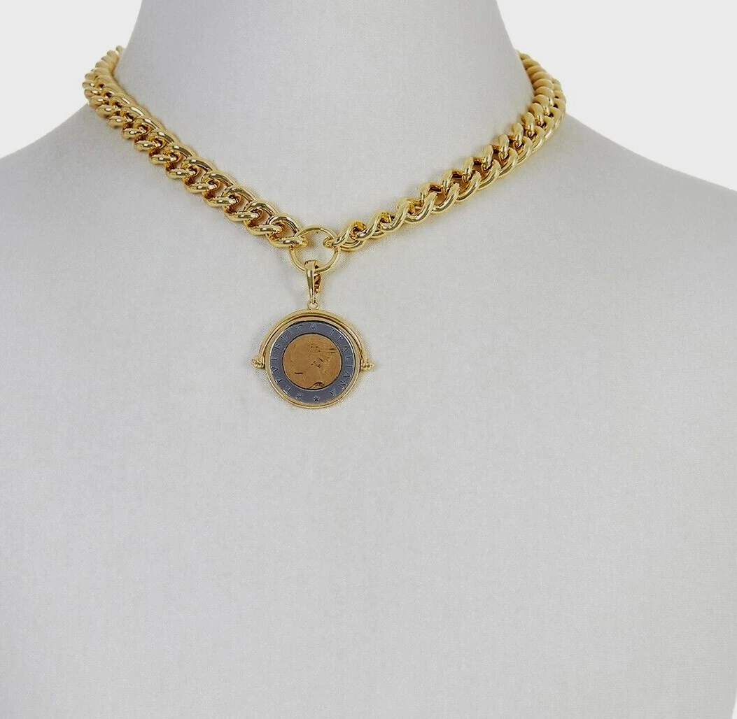 Bellezza 18" Bronze Lira Coin Flip Pendant with Curb-Link Necklace Two Tone - product detail image 4