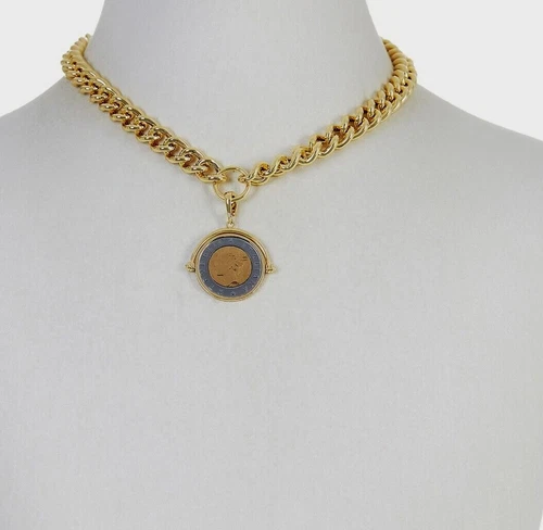 Bellezza 18" Bronze  Lira Coin Flip Pendant with Curb-Link Necklace Two Tone image 4
