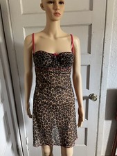 Victoria  s Secret Womens Leopard Print Sheer Lingerie Chemise Pink Trim Large
