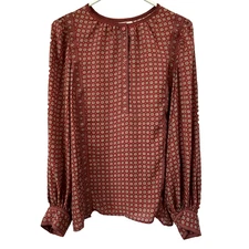 Max Studio Blouse Pullover Top Women's XL Silky Feel 3/4 Buttons LS Red Print