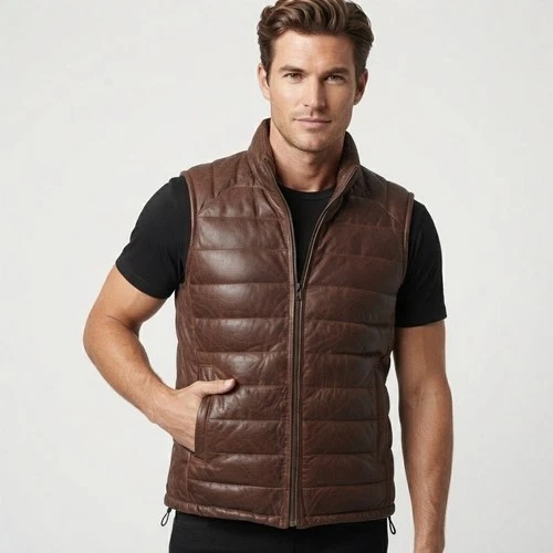 Quilted Lambskin Puffer Vest – Handmade Leather Sleeveless Western Gilet Gift - product listing photo