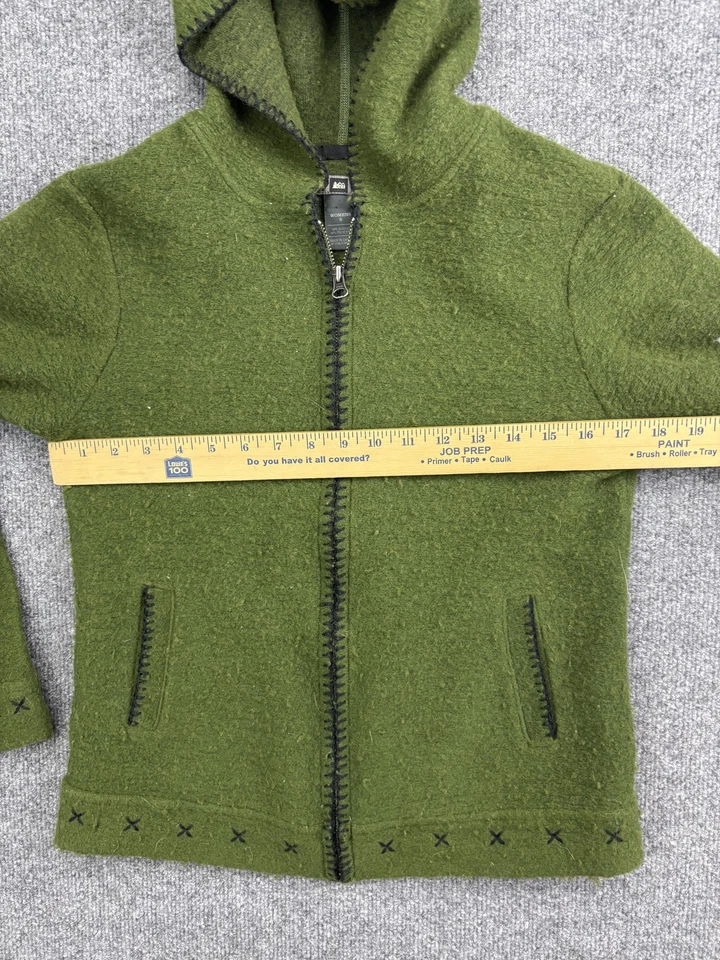 Suéter REI Mujer Pequeño Verde Con Capucha Cremallera Completa Tela Italiana Tejido Bolsillos Foto 3 de 4
