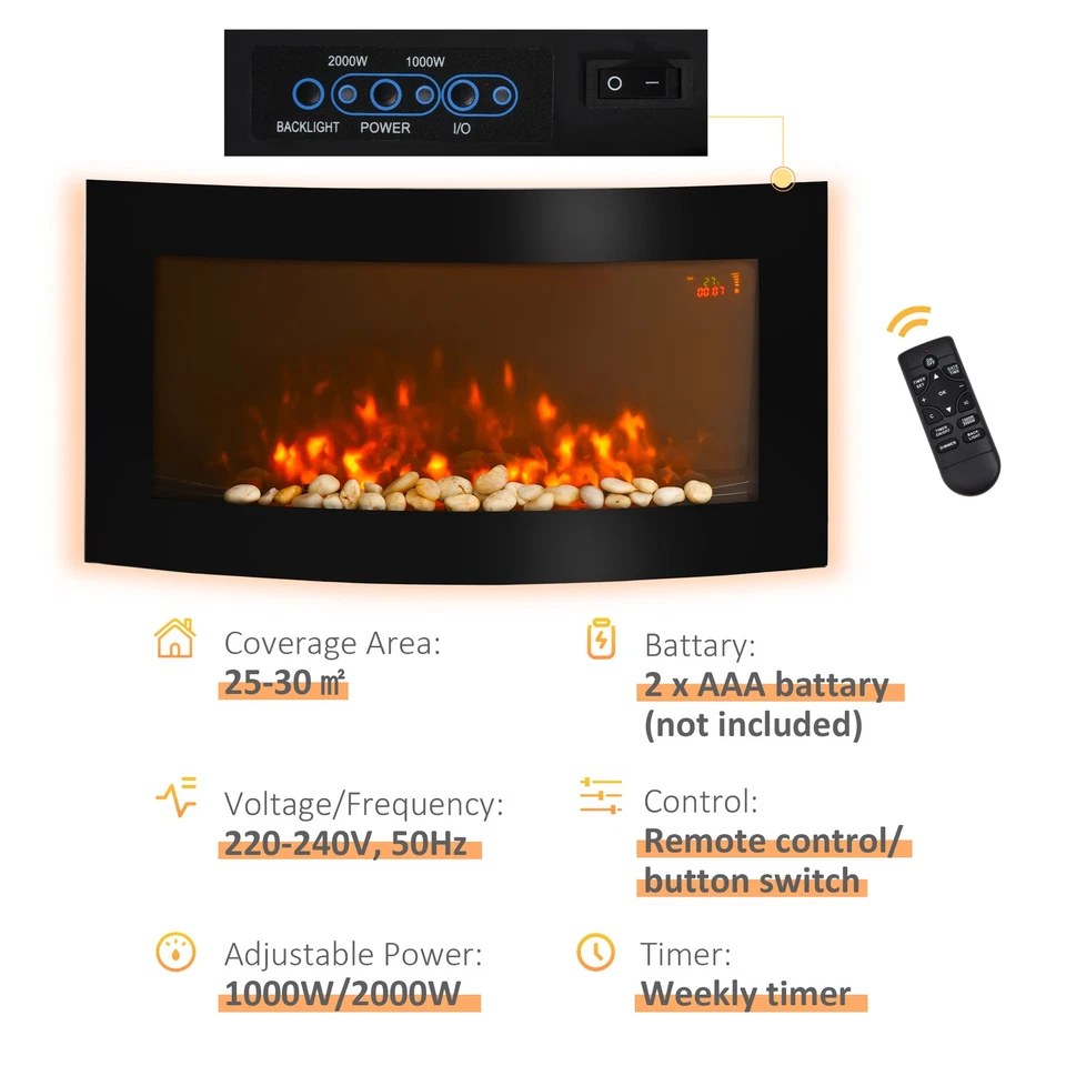 Led Backlit Glass Electric Wall Mounted Fireplace Fire Back Lights 1000/2000W - Image 4 of 4