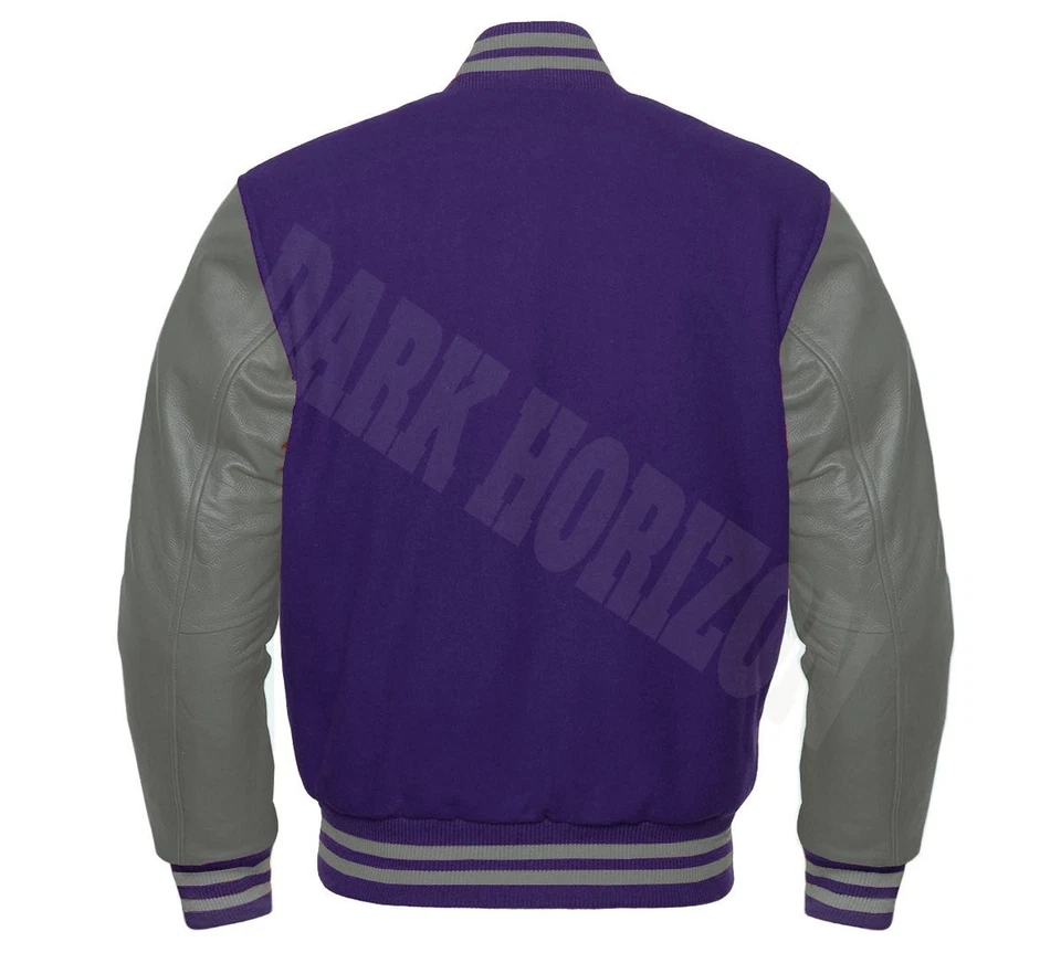 Chaqueta Bomber Universitaria Letterman Púrpura Lana y Gris Cuero de Vaca Real Mangas Foto 2 de 3