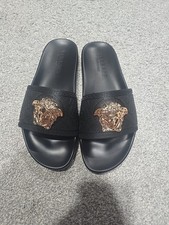 Men's Black Gold Versace Medusa Palazzo Sandals Slides Flip Flops Size 13