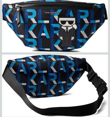Karl Lagerfeld Paris Amour Belt Bag Blue Multi Full Zip Adjustable Logo NEW