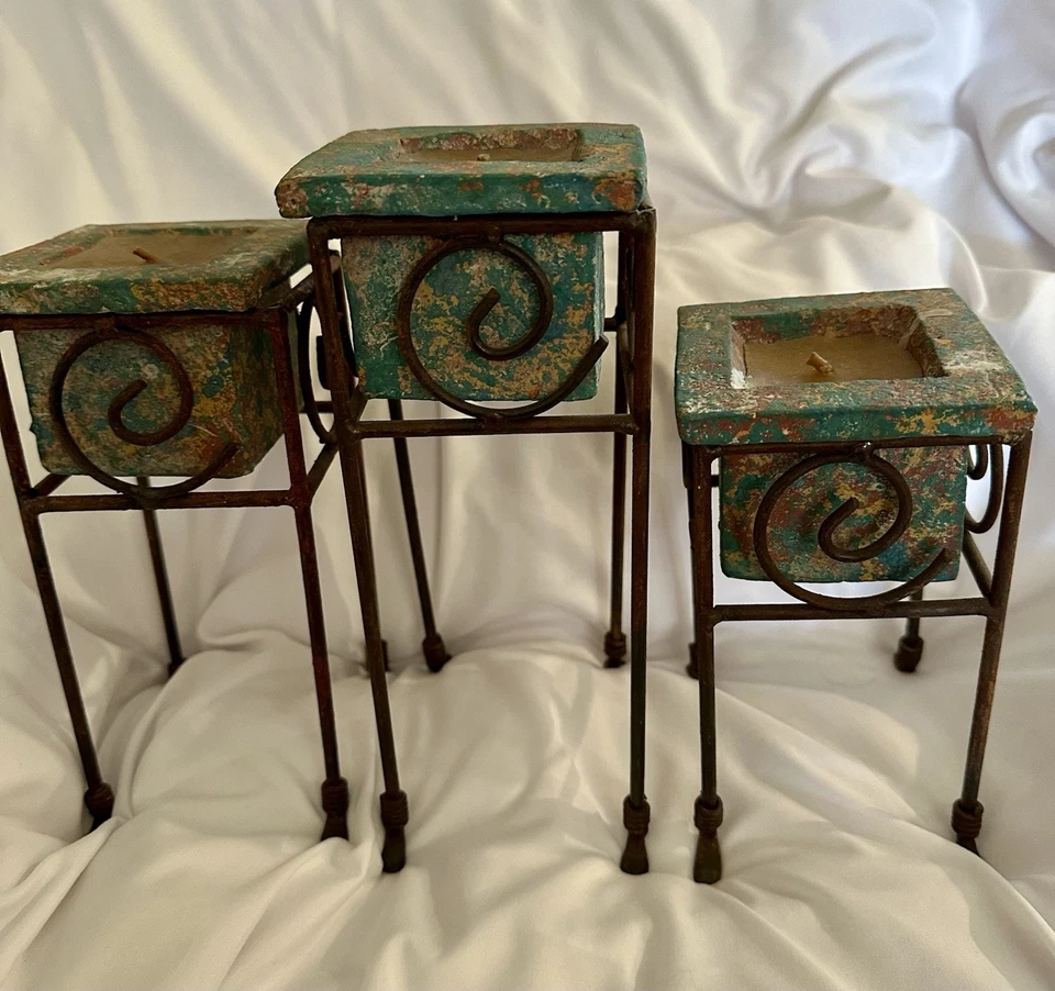 Wrought Iron Candleholders With Turquoise Ceramic  Holders w/Candles. Set Of 3 - Image 2 of 4