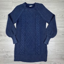 American Eagle Women Sweater Dress Navy Blue Medium Petite Cable Knit Balloon