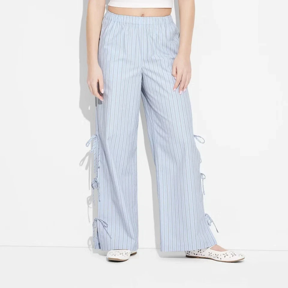 Wild Fable Women's High Rise Side Tie Relaxed Fit Boxer Pants MEDIUM Blue Stripe