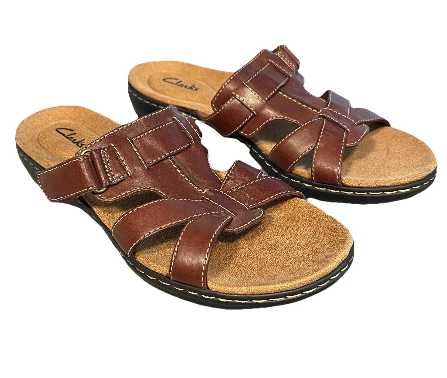 NUOVI sandali Clarks donna pelle marrone comodi slide taglia 10 plantare imbottito