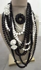 Lot of Vintage Milk & Jet Glass, Onyx Beaded Necklaces, Earrings & a Brooch