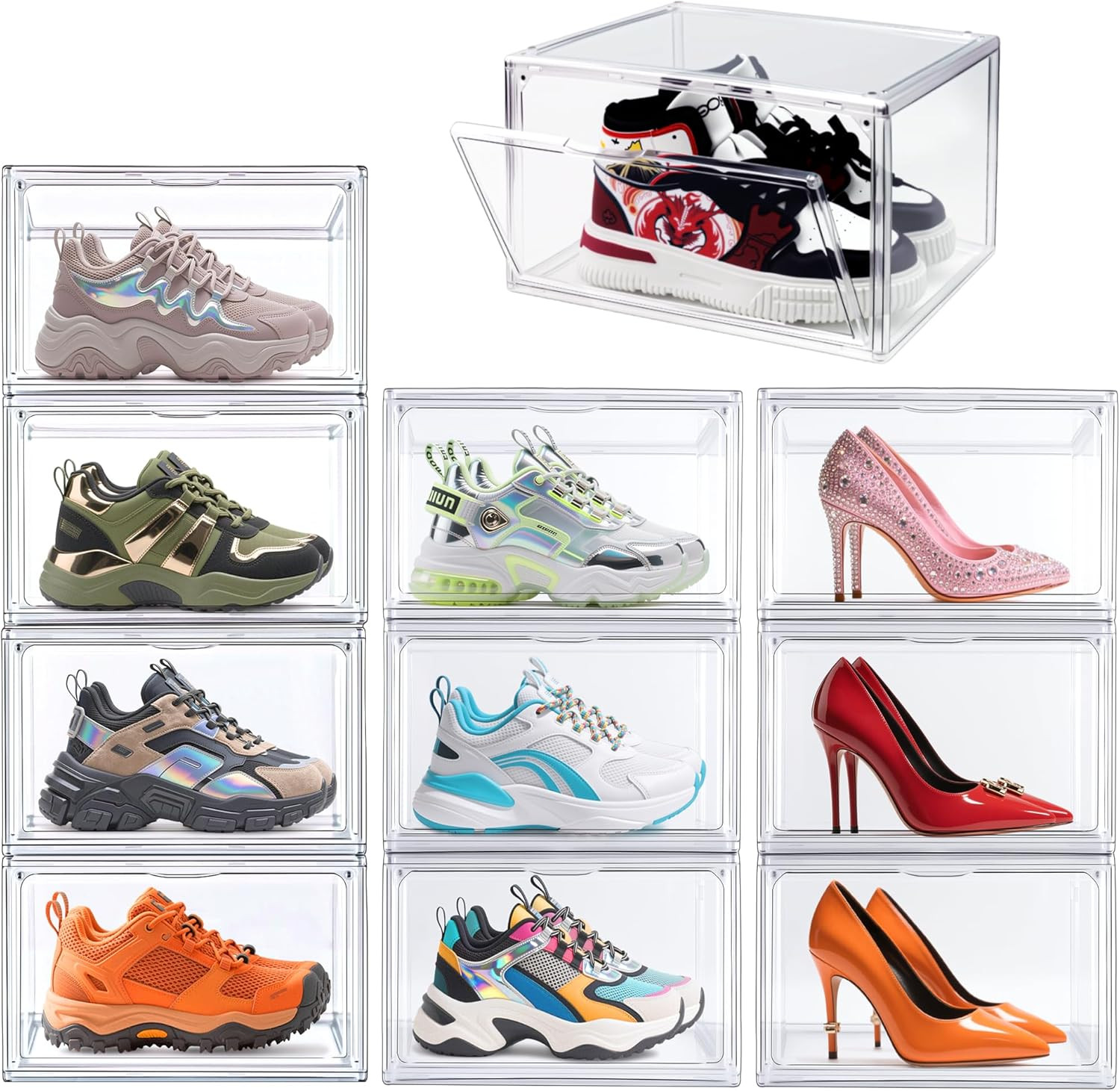 Shoe Boxes Stackable Acrylic Display Case Clear Plastic Shoe Organizer with Magn