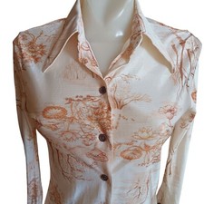 Medium True Vintage Disco Top Floral Print Satin Acetate Blouse Nature Print 70s