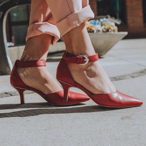 Zapatos de tacón de gatito para mujer Zapatos ROJOS Cerrados Punta Tobillo Correa Vestido Stiletto - Imagen 1 de 32