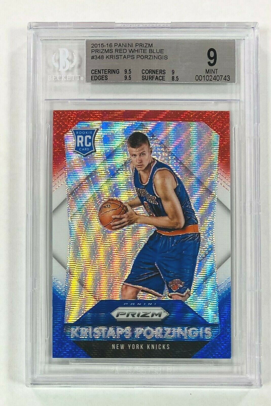 2015-16 Panini Prizm Kristaps Porzingis Red White Blue BGS 9 Rookie Card #348 RC
