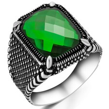 Solid 925 Sterling Silver Faceted Green Zircon Stone Men's Ring with Claws
