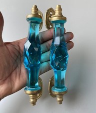 Glass Brass Door Handle 2 Pc Antique Style 6.5'' Crystal/Cut Blue  Collectible