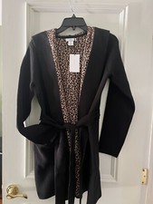 New Halston Black Hooded Belted Long Sleeves Knit Light Coat Cardigan Size S