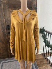 Free People Women's Yellow Long Sleeves Tie V-Neck Ribbed Mini Dress Small ***