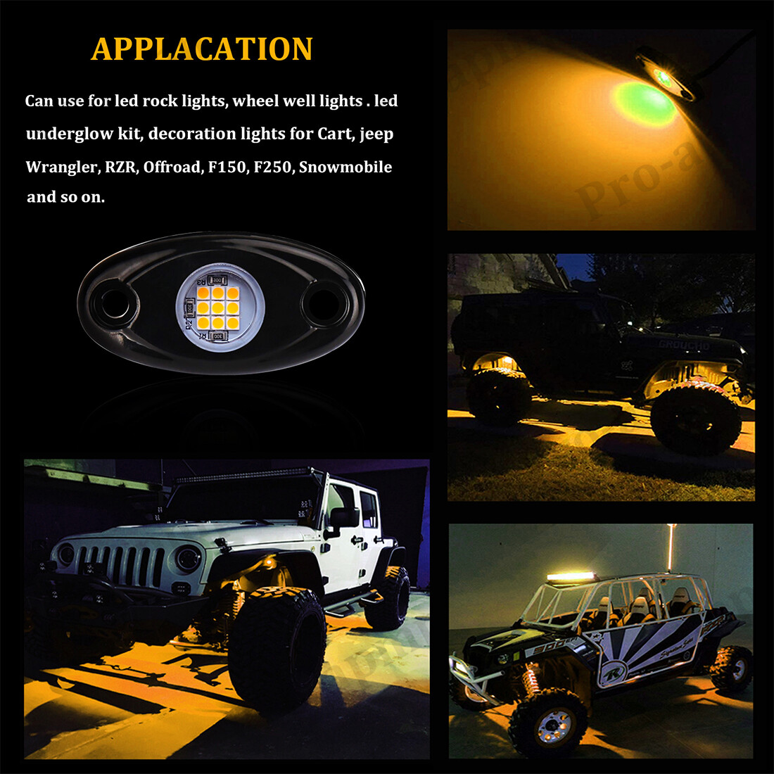 10x Amber LED Rock Lights – Underbody Kit For Jeep, Truck, ATV, 4x4 – IP67 Waterproof, 12V, 2-Year Warranty - View #2