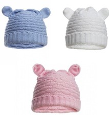 Baby Knitted Warm Hat Boy Girl Ears White Blue Pink 0-6m