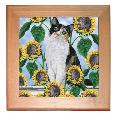 Calico Cat Under the Tuscan Sunflowers Kitchen Ceramic Trivet Framed in Pine 8'' 