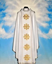 White Chasuble and Stole, Embroidered Jerusalem Cross Design Chasuble Vestment