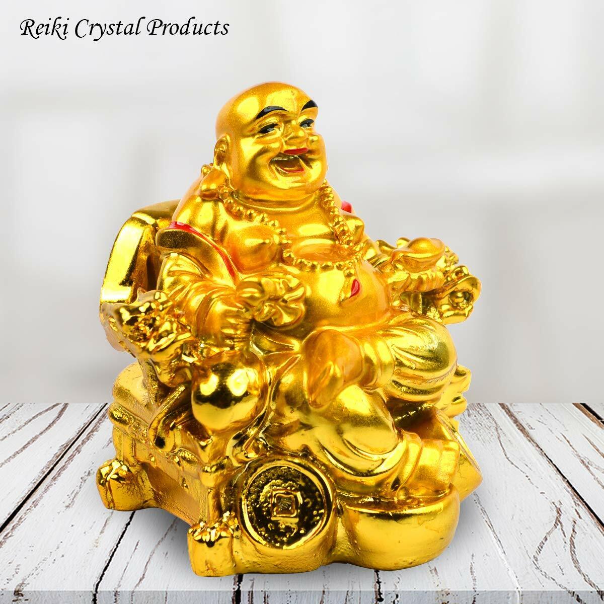 Feng Shui Laughing Buddha On Chair with Ingot and Money Coin for Health,  Wealth | eBay