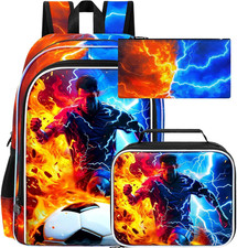 3PCS Soccer Backpack for Kids, 17" Boys School Bookbag with Lunch Box, Water Res