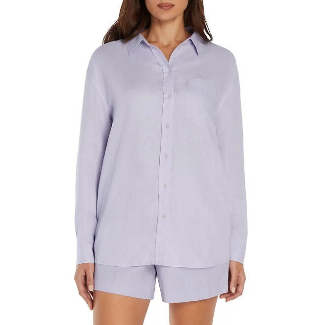 Gap Linen Button Down Top Women's XXL Purple Long Sleeves Pocket Collared Neck