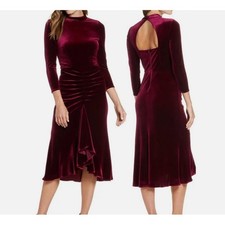 Eliza J Velvet Velour Burgundy Ruched Dress with Keyhole Back