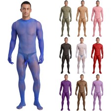 Mens Sheer Stretchy Full-body Unitard Gloved Sleeve Footed Bodystocking Jumpsuit